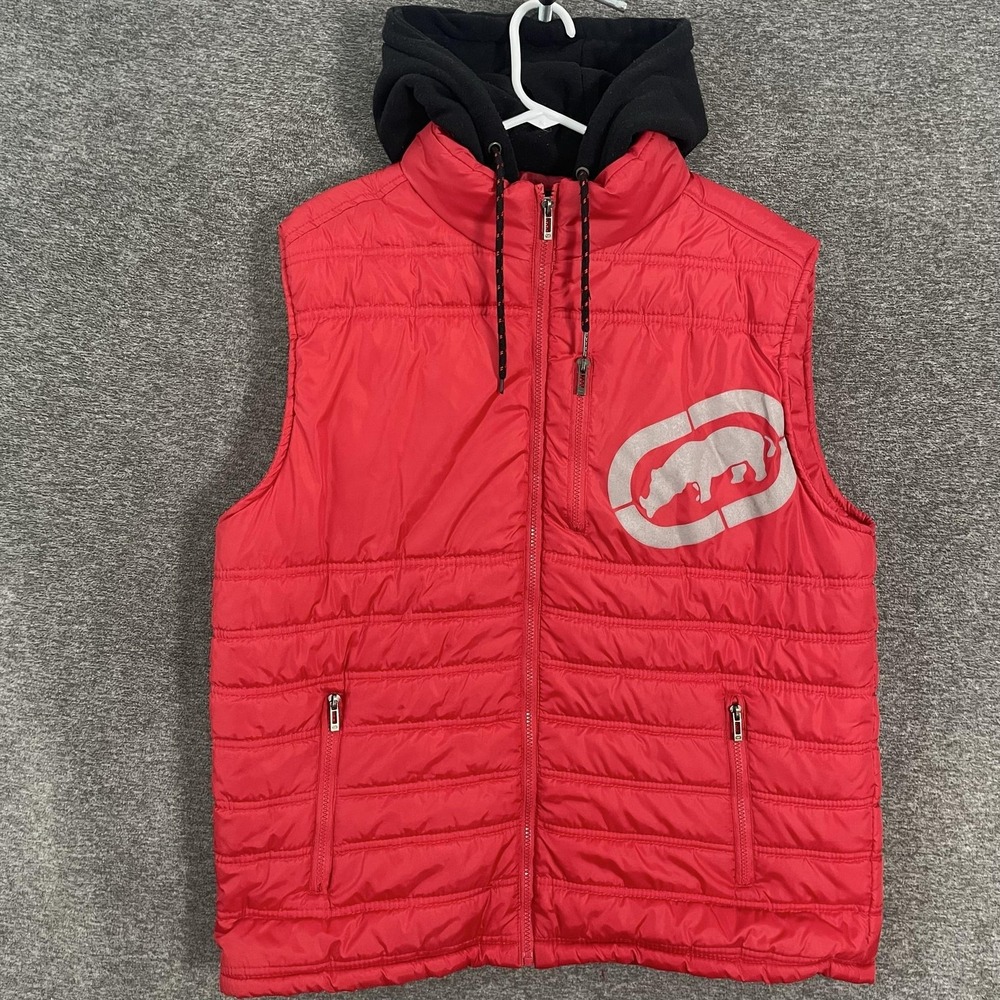 Ecko Unltd Vest Mens XL Red Quilted Hooded Insulated Full Zip Hip Hop Logo